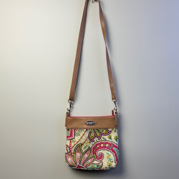 Spartina Tan and Pink Paisley Crossbody Bag - Picture 1 of 7
